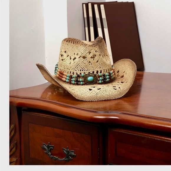 Accessories - Natural Straw Cowboy Hat with Turquoise Bead Band